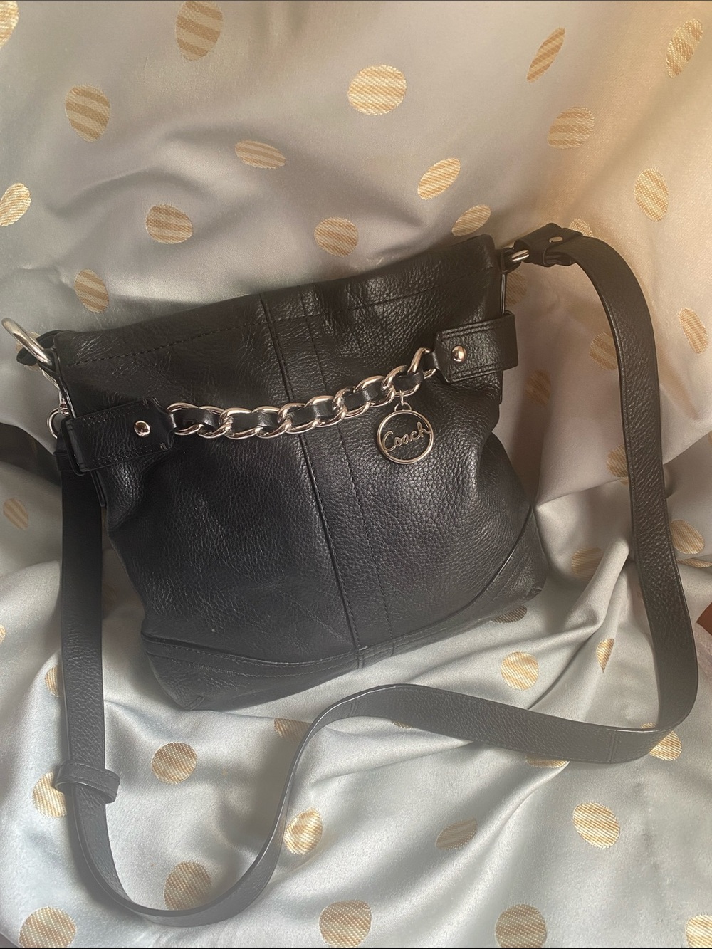 Coach Black Leather Crossbody Bag with Silver Chain Accent